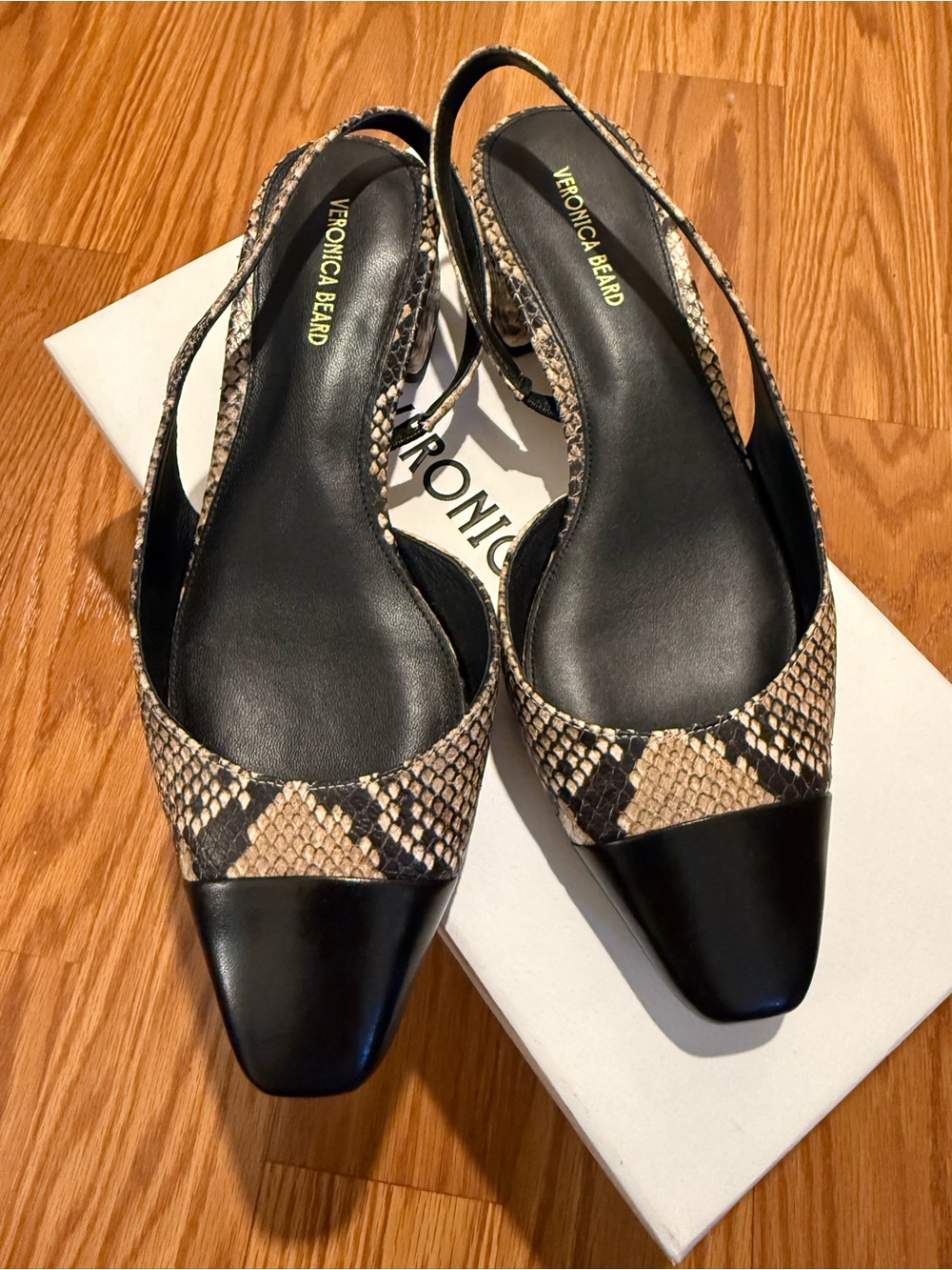 Veronica Beard Black and Snake-Print Slingback Mules